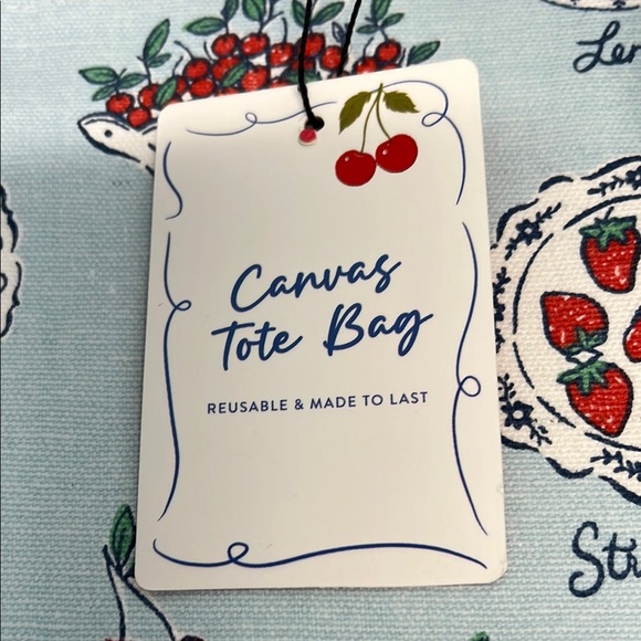 Whimsical Fruit Canvas Tote in Baby Blue w/Navy Handles 🍓🍒🍋🍐 - Picture 4 of 6